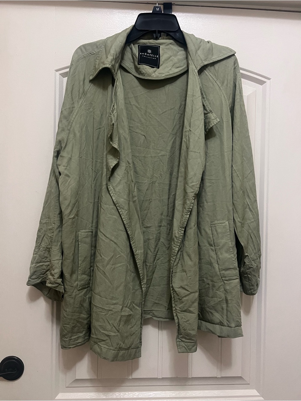 bagatelle Light Olive Green Draped Open-Front Trench Jacket